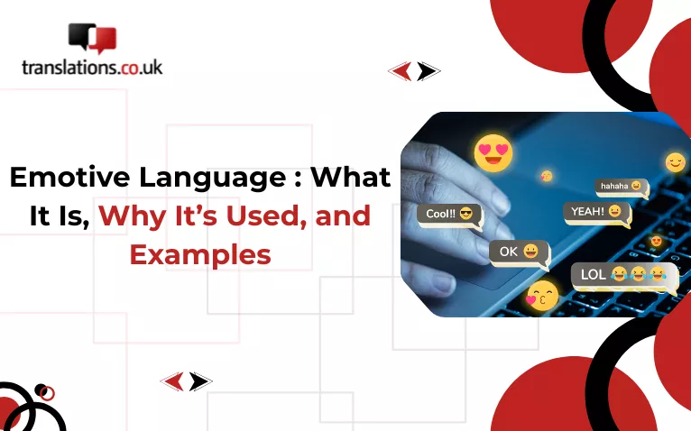 Digital chat icons and emojis illustrating how emotive language is used in online communication.