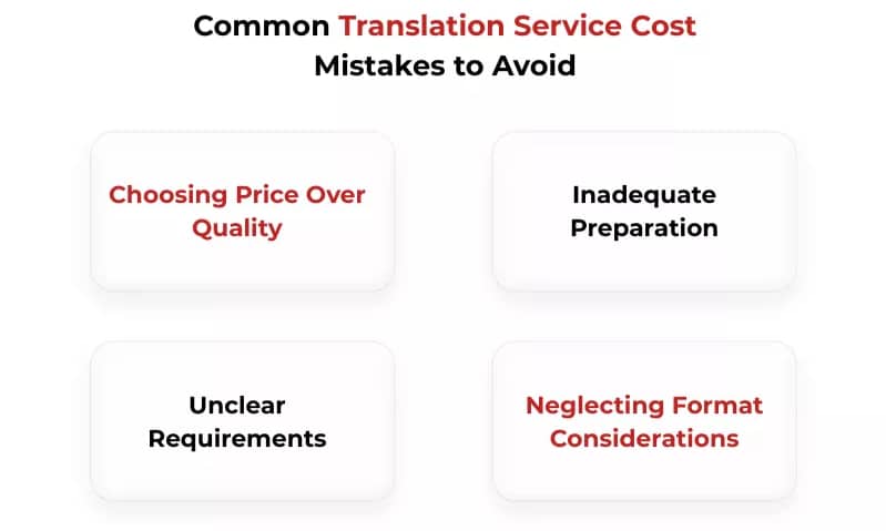  Four common translation service cost mistakes to avoid: choosing price over quality, inadequate preparation, unclear requirements, neglecting format considerations