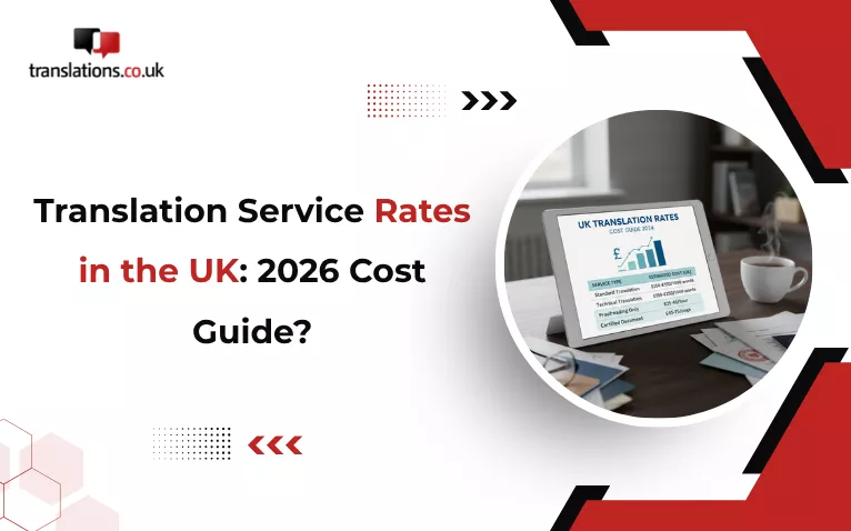 Translation service rates in the UK guide with laptop displaying pricing chart on desk with coffee cup