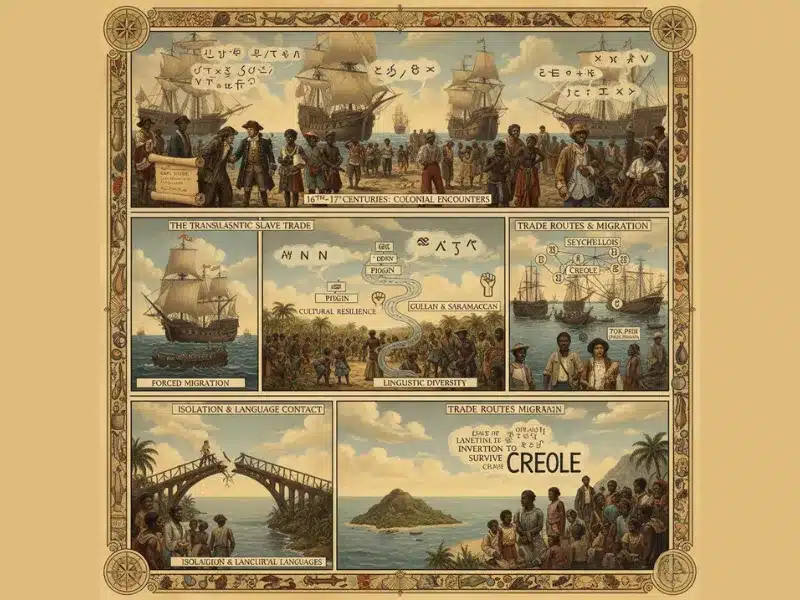 Historical illustration depicting Creole language evolution through colonial encounters, migration, trade, and cultural resilience