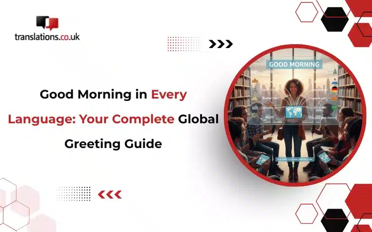 Banner showing text written Good morning in every language