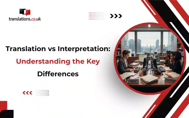 Translation vs interpretation differences shown with professionals working in an office setting