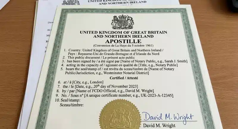 Close-up of an official UK Apostille certificate with a gold seal.<br />
