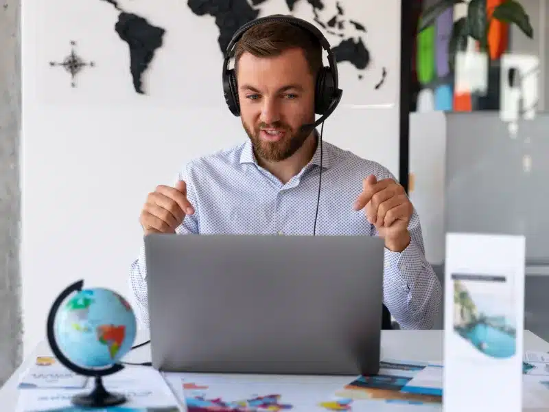 Translation vs interpretation professional using a headset for real-time language communication<br />
