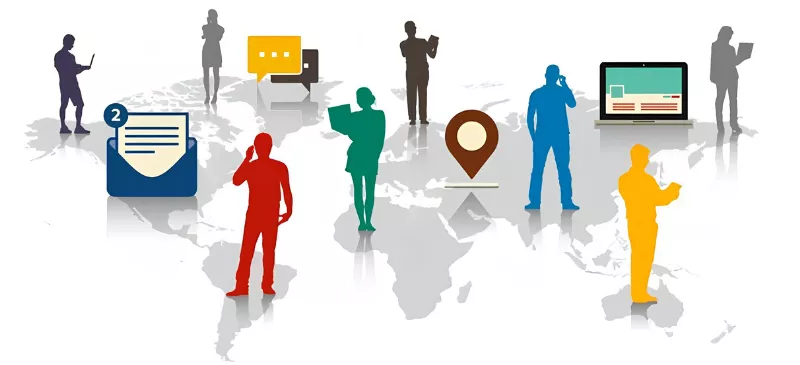  Illustration of diverse people across a world map showing a global marketing strategy in action 