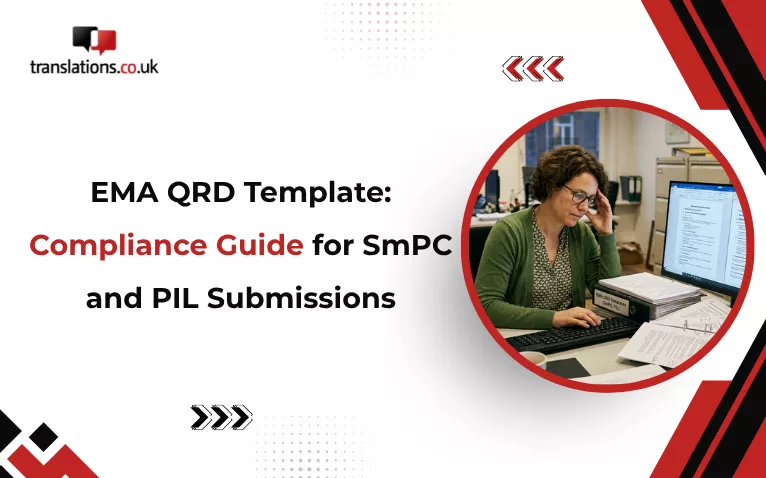 Cover slide for an EMA compliance guide featuring a professional working at a computer