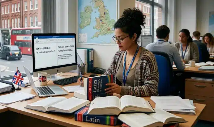 Professional linguist providing Latin translation services with reference materials in a UK office 