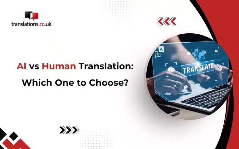 AI vs human translation comparison banner showing digital translation and choice guidance