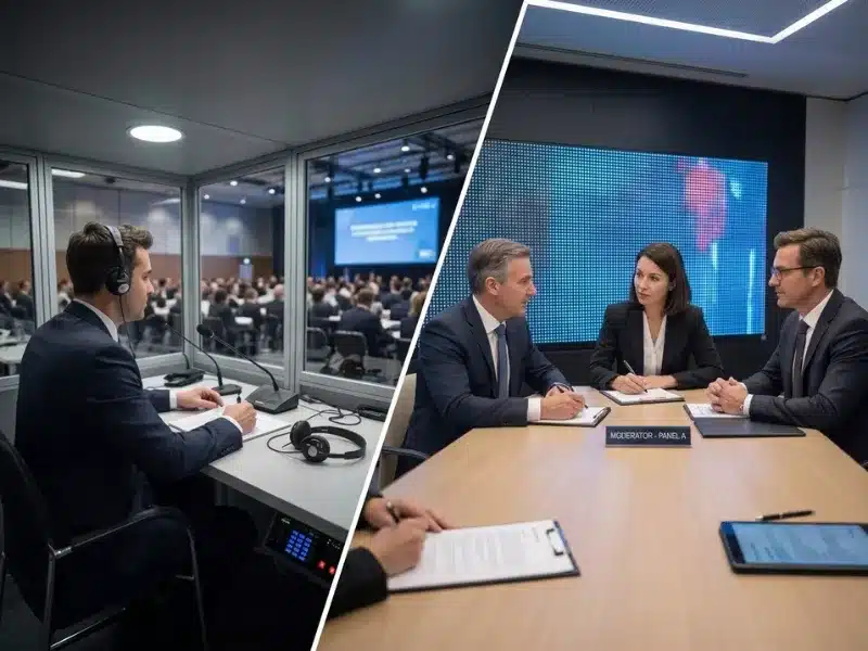 Split-screen image comparing simultaneous interpreting in a conference booth with consecutive interpreting in a small meeting.